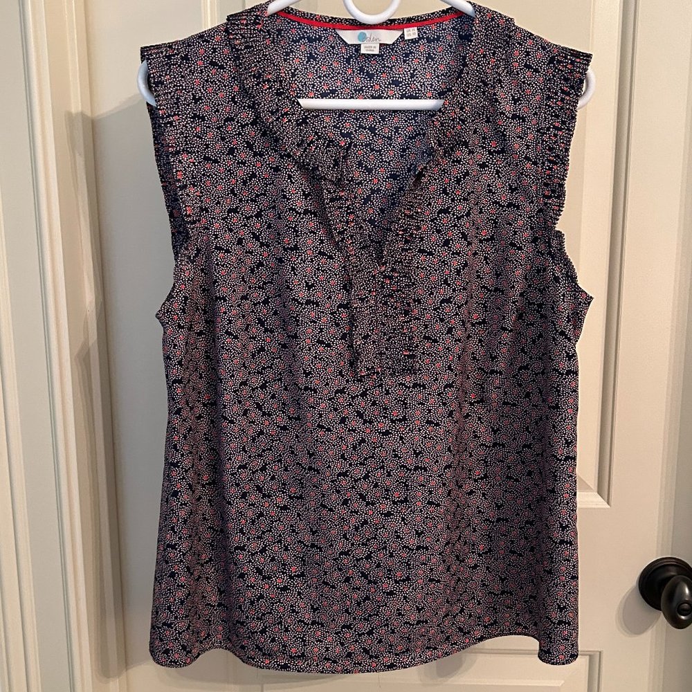 Boden Sleeveless Shell with Navy/Tan/Orange print